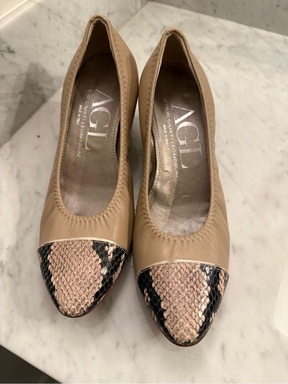 AGL Nude Leather Flats with Snake-Print Toe